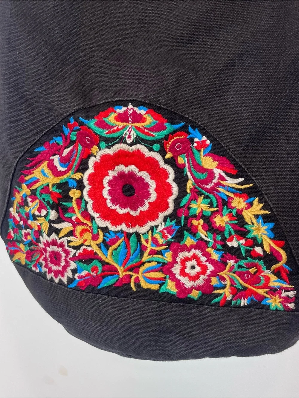 Black Embroidered Canvas Backpack Boho Floral Accent Bag